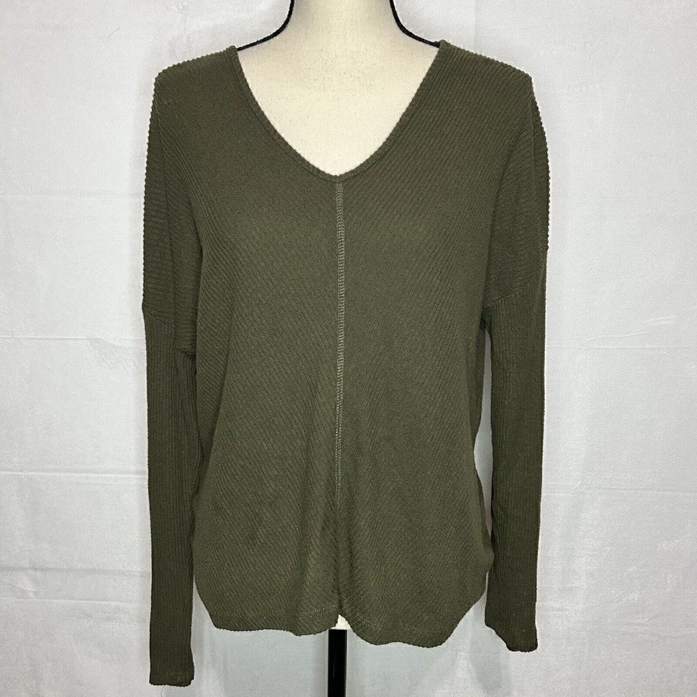 Heart & Hips Ribbed Open Twist Back Knit Olive Green Stretch Top Sz M